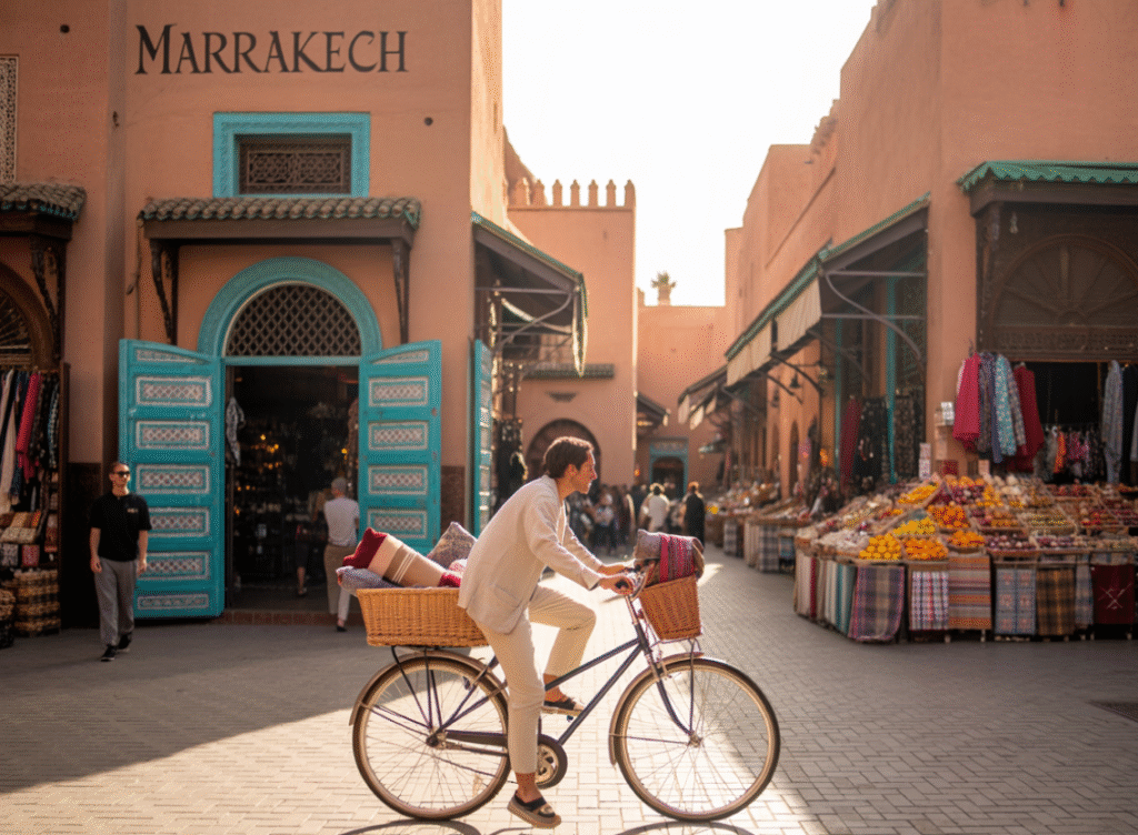 Traveler cycling through Marrakech medina during a Marrakech bike tour.