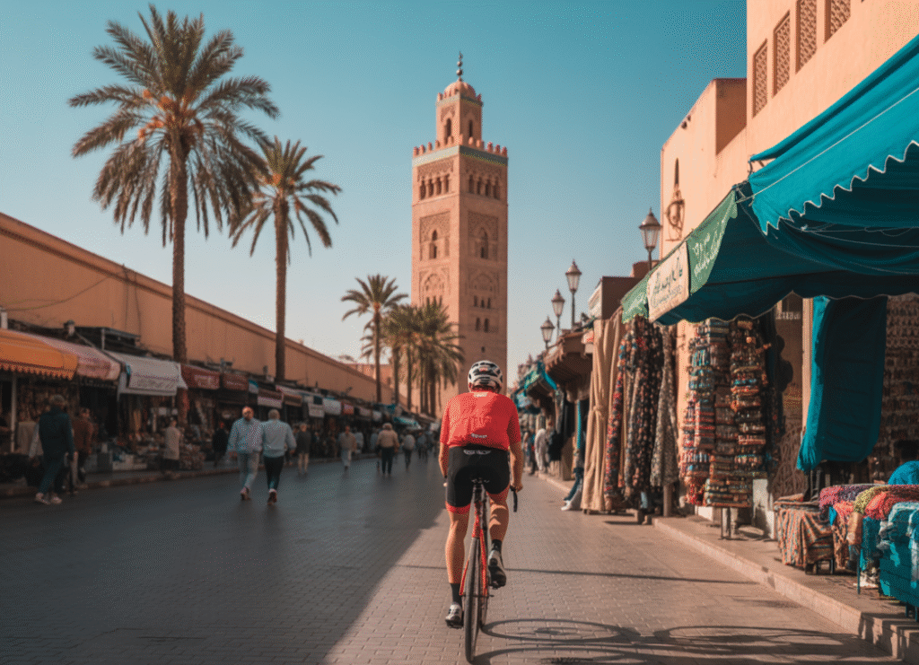 Cyclist approaching Koutoubia Mosque on a Marrakech bike tour.