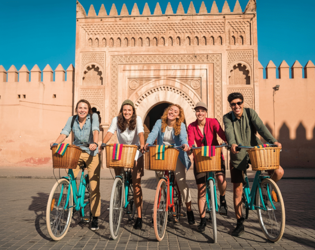 Group of travelers finishing their Marrakech bike tour at the medina gate