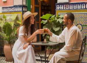 Traveler enjoying mint tea with a local café owner during a bike tour in Marrakech.