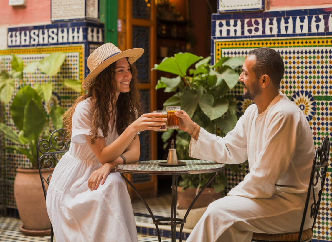 Traveler enjoying mint tea with a local café owner during a bike tour in Marrakech.